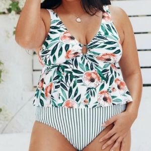 Plus Size CUPSHE Women's Floral Striped Ruffle Two Pieces swimsuit